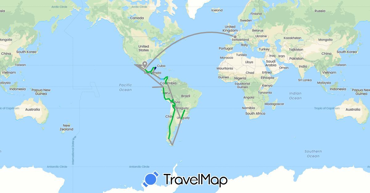 TravelMap itinerary: driving, bus, plane, boat in Argentina, Bolivia, Colombia, Ecuador, France, Guatemala, Mexico, Panama, Peru (Europe, North America, South America)